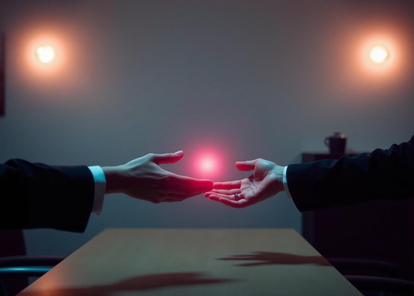 Two open hands meeting across a calm desk in soft light