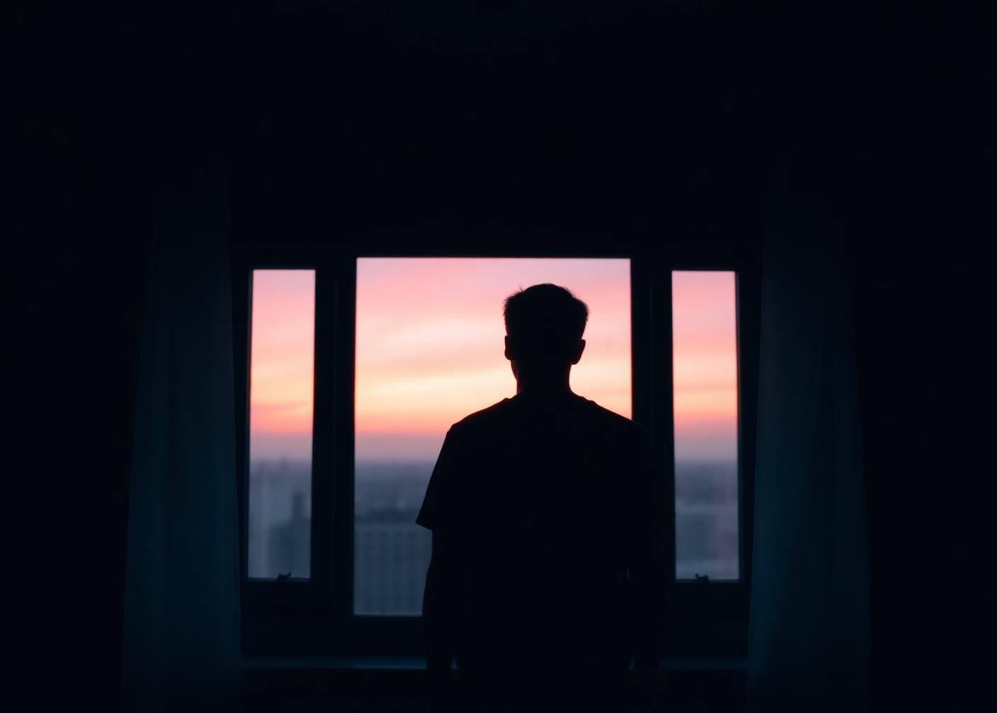 A person standing at a wide window at dawn, looking outward