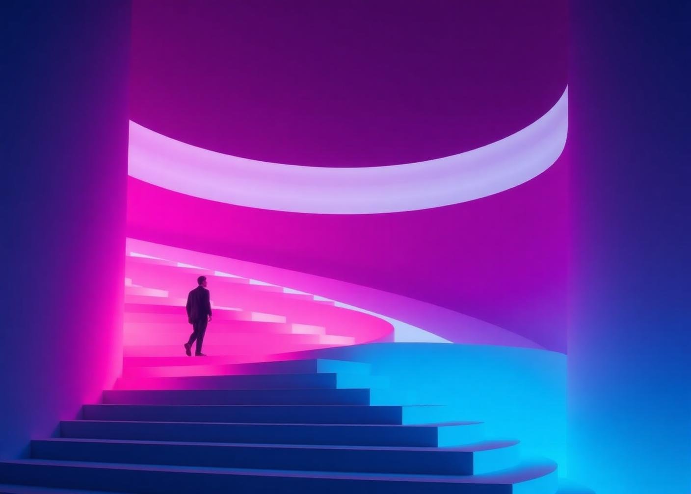 A person ascending a luminous staircase of light through layered planes