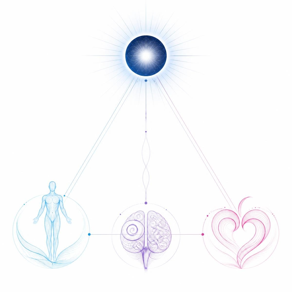Integral pyramidal form: Body, Brain and Emotion at the base, Consciousness radiating at the apex